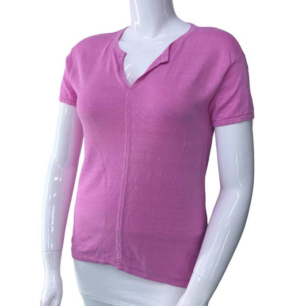 Talbots Womens Size M Linen Sweater Top Short Sleeve Knit V Neck Center Seam
